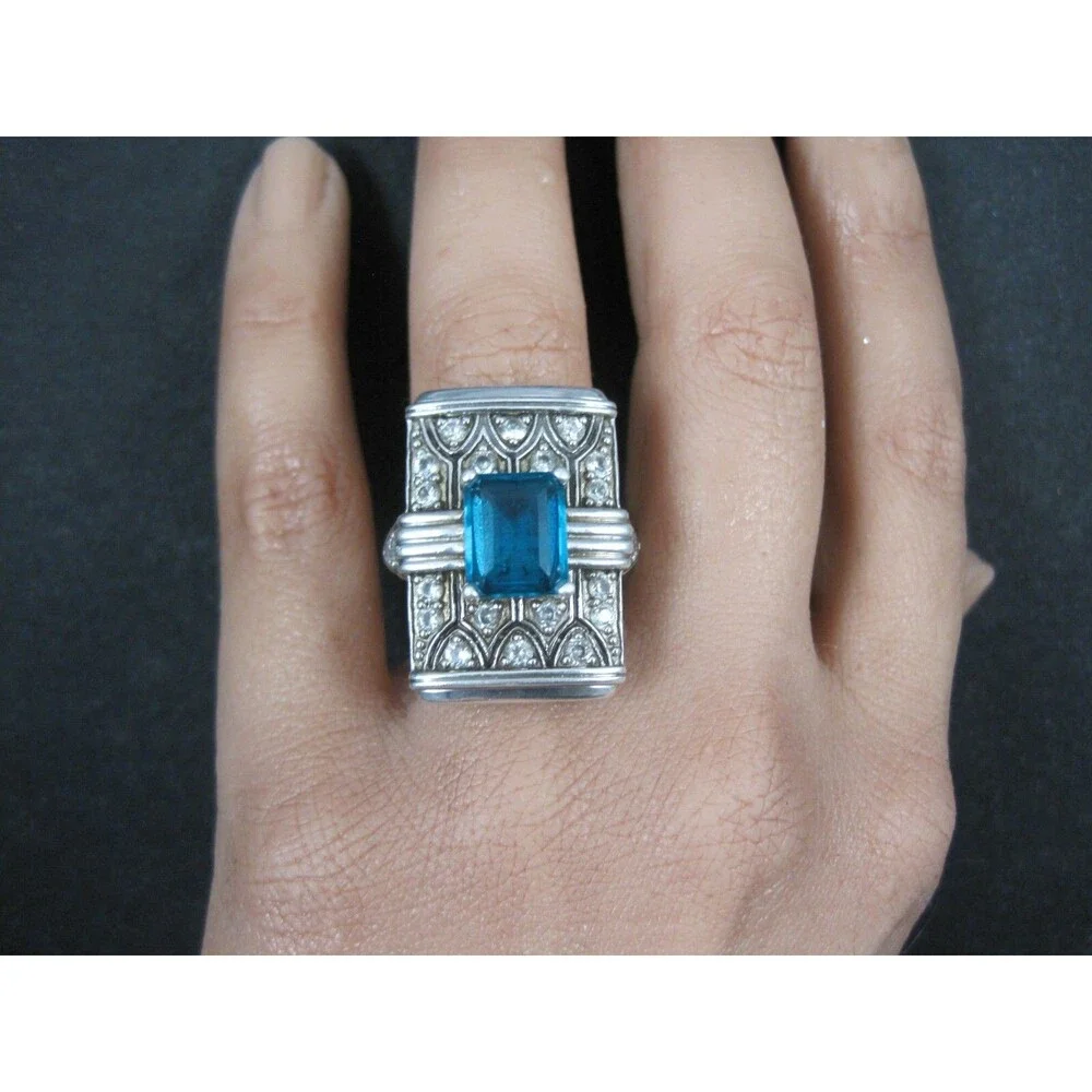 Art Deco Style Sterling Silver Blue & White Topaz Ring Size 6